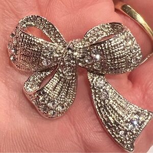 Silver Bow Brooch with Rhinestones